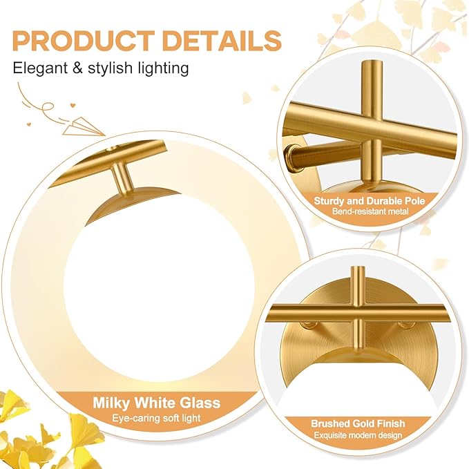 3-Light Bathroom Light Fixtures, Brushed Gold Vanity Lights for Bathroom with Milky White Glass Ball Shades, 18.9 inch Bathroom Lighting Fixtures Over Mirror, Wall Sconce for Bedroom (Exclude G9 Bulb)