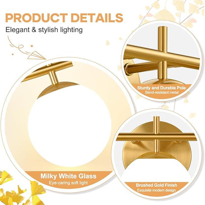 3-Light Bathroom Light Fixtures, Brushed Gold Vanity Lights for Bathroom with Milky White Glass Ball Shades, 18.9 inch Bathroom Lighting Fixtures Over Mirror, Wall Sconce for Bedroom (Exclude G9 Bulb)