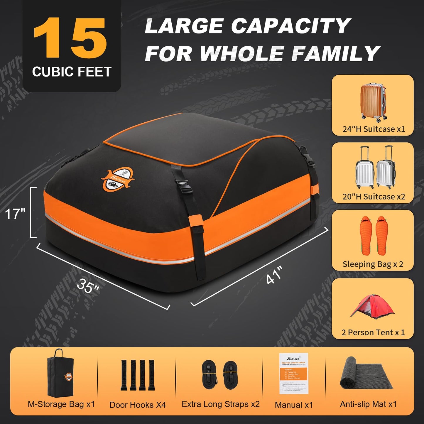 Sailnovo Car Rooftop Cargo Carrier Roof Bag, 15 Cubic Feet Waterproof Rooftop Cargo Carrier Bag, Fit Car with Without Luggage Rack - Cartop Carrier Bag with Tie-Down Strap, Safety Hook