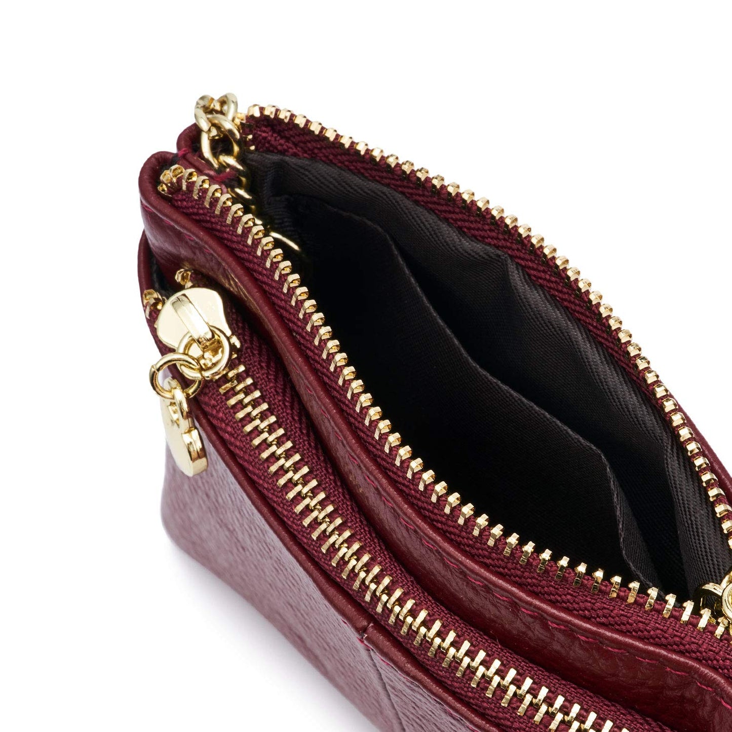 ZOOEASS Coin Purse Women Genuine Leather Zip Mini Purse With Key Ring Triple Zipper Card Holder Wallet(Wine Red)