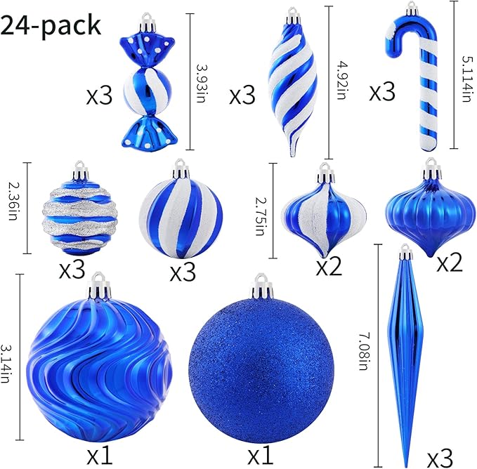Christmas Ball Ornaments Set Shatterproof Christmas Tree Ornaments 24 PCS Painted Shaped Styles Xmas Tree for Holiday Decor,Royal Blue