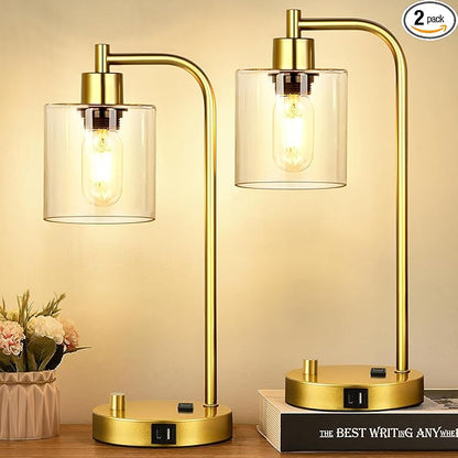 Set of 2 Industrial Table Lamps with USB Port, Gold Fully Stepless Dimmable Bedside Lamps for bedrooms, Nightstand Desk Lamp with Clear Glass Shade for Reading Living Room Office 2 LED Bulb