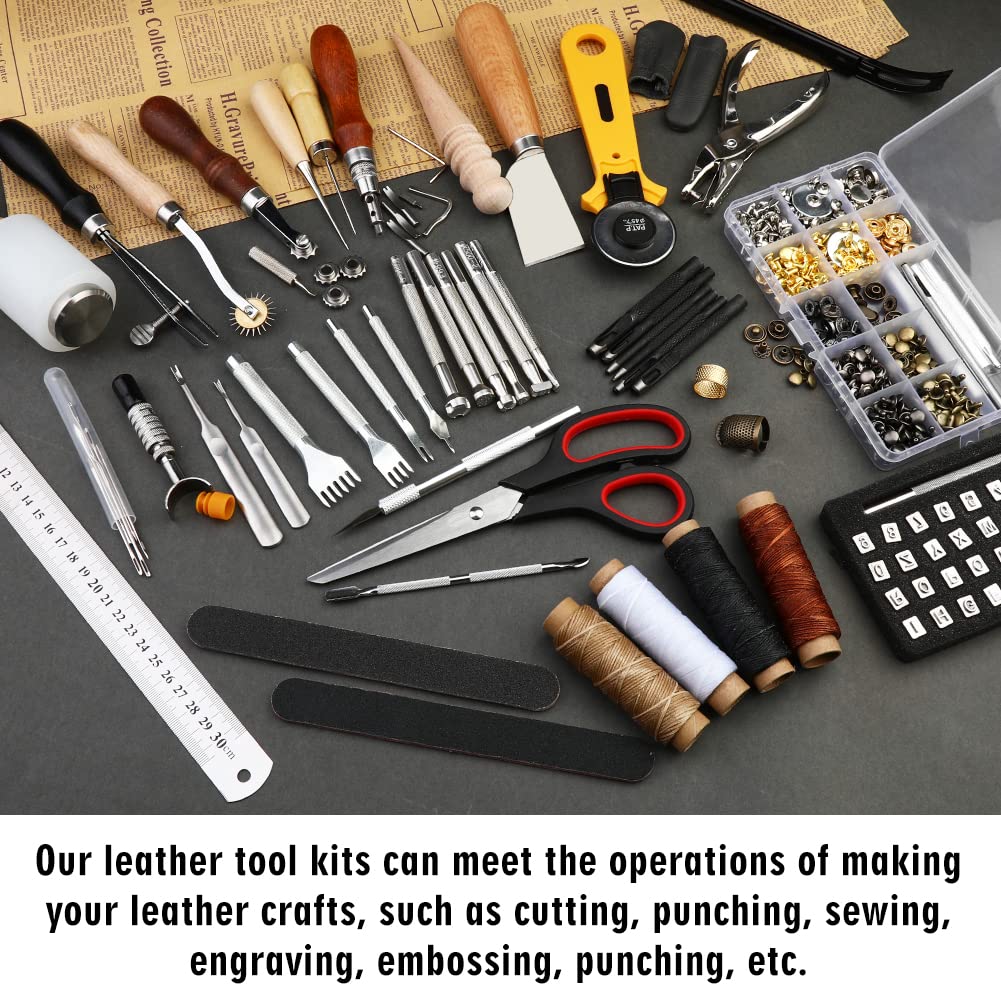 TLKKUE Leather Working Kit - Beginner's Leather Crafting Tool with Storage Bag, Leatherworking Tooling Kit for Sewing, Carving, Punching, Cutting, Stamping Tools