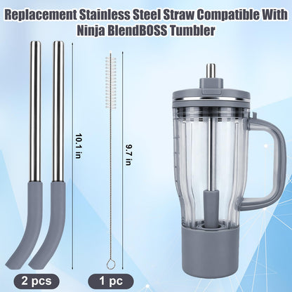 2Pcs Replacement Straw for Ninja BlendBOSS Personal Smoothie Blender Cup, Reusable Glass Straws Compatible With Ninja BlendBOSS Travel Tumbler (Grey)
