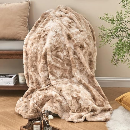 Krifey Faux Fur Blanket for Queen Size Bed, 3D Texture Soft Cozy Fuzzy Plush Warm Blanket, Christmas Birthday Gifts for Women Mom Girlfriend Men, Room Decor, Marbled Beige, 90x90in