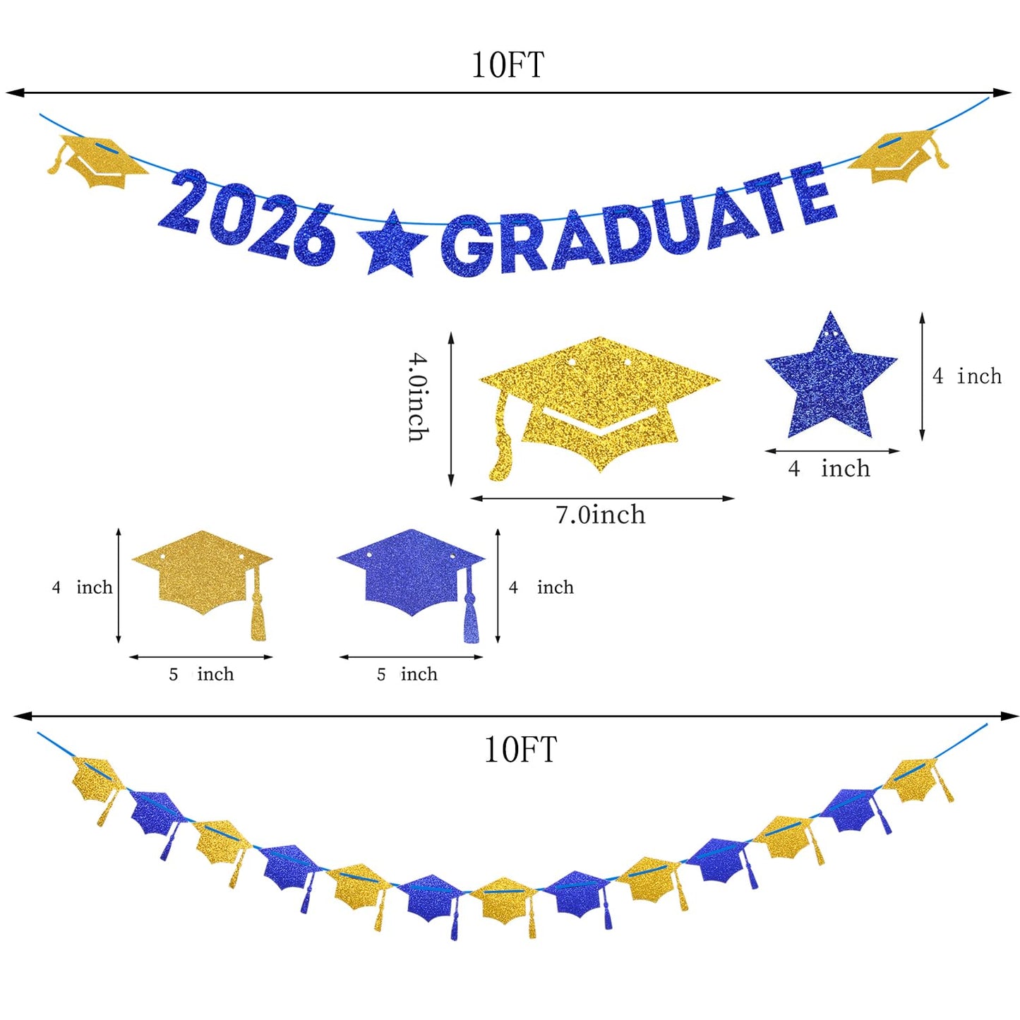Navy-Blue White-Gold Party-Decoration Graduation Banner - 8pcs Kits Cap Garland Streamers, Paper Tissue Pom Poms Flowers, 2026 Craduate Banner Congratulations Grad Decor Lasting Surprise