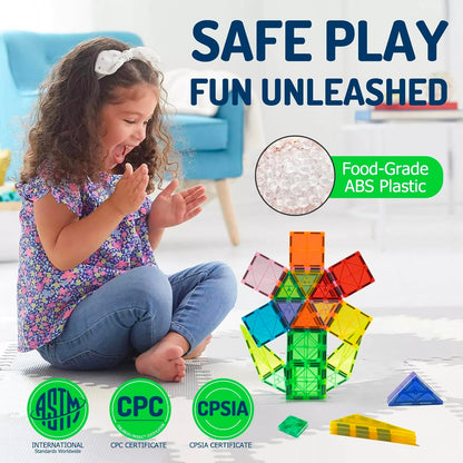 EchoPlan Magnetic Tiles, 130PCS Magnetic Blocks with 2 Cars, Magnet Tiles 3D Clear Building Blocks Set, STEM Sensory Educational Toys Gift for Toddlers Kids Boys 3 4 5 6 7 8 9+ Year Old