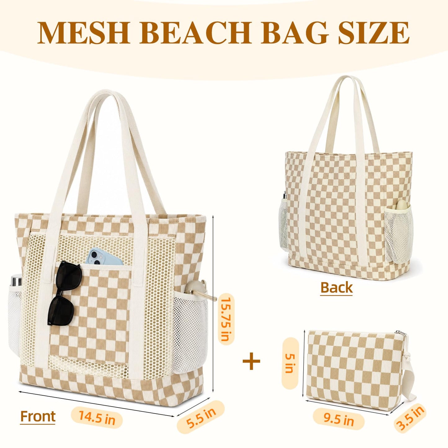 MIAOJIE Mesh Beach Tote Bags for Women Corduroy Tote Bag Sandproof Mesh Beach Bag With Zipper Pocket Pool Bag for Weekender Travel Cruise Swim -Khaki Plaid