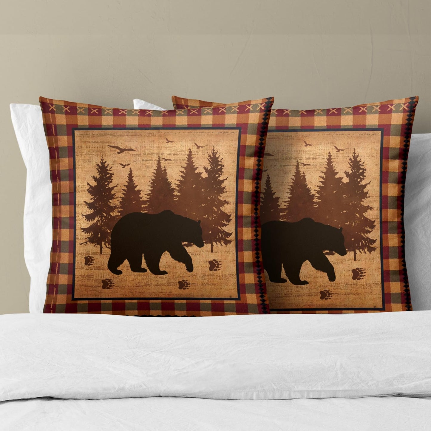 Imiss Bear Throw Pillow Covers 18x18 Inch Set of 2 Forest Cabin Nature Wildlife Square Pillowcase Buffalo Plaid Decorative Cushion Cover for Outdoor Sofa Bedroom Car