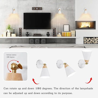 Wall Sconce Set of 2, Wall Sconce with Metal Shade, Plug Switch, Indoor Decor Wall Mount Swing Arm Lamp for Bedroom,Hallway,Living Room,Reading, White