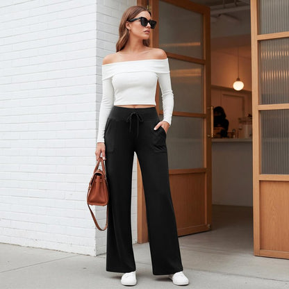 TNNZEET Women's Wide Leg Pants with Pockets - Casual Loose Yoga Trouser Pants Sweatpants Palazzo Lounge Pajama Pants