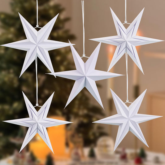 SUNBEAUTY Christmas Paper Stars, 6 Pointed 12 Inch White Color Hanging Paper Star Lanterns, Christmas Decorations Hanging Lamp for Indoor Xmas Tree, Yard, Home Decor Birthday
