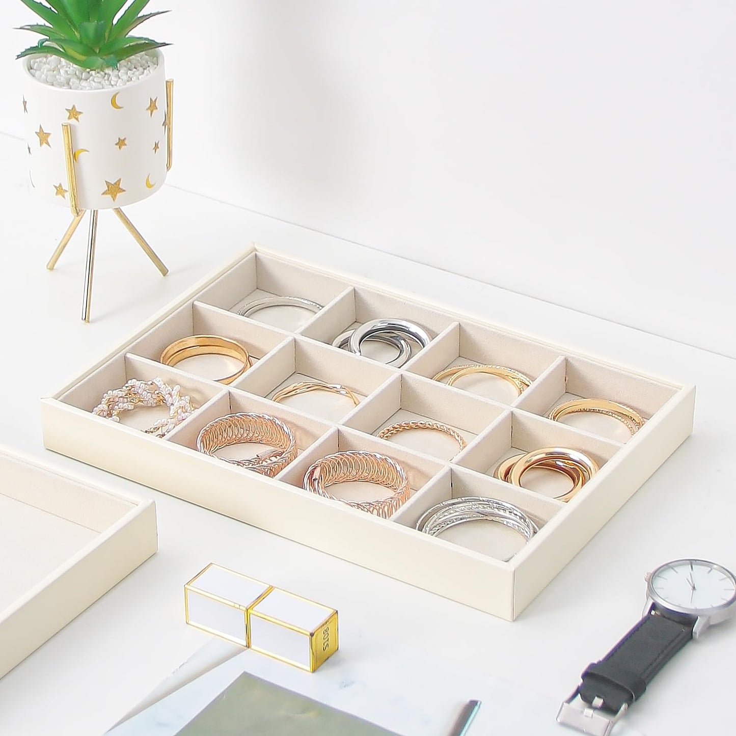 Ausalivan Stackable Jewelry Organizer Tray For Drawers,White Leather Small Earring Storage Tray,Bracelet And Necklace Display Box,Jewelry Ring Display Case (12 Grids)