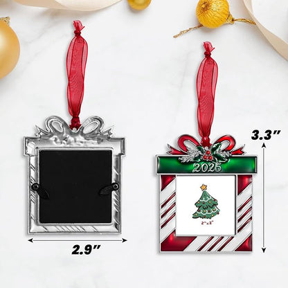 2025 Christmas Tree Ornaments Picture Frame Ornament- Made of Zinc Alloy Glitter Powder Pendant 2.5 Inch Picture Frame for Pet and Baby Holiday Keepsake Gift(Gift Bag,2025)