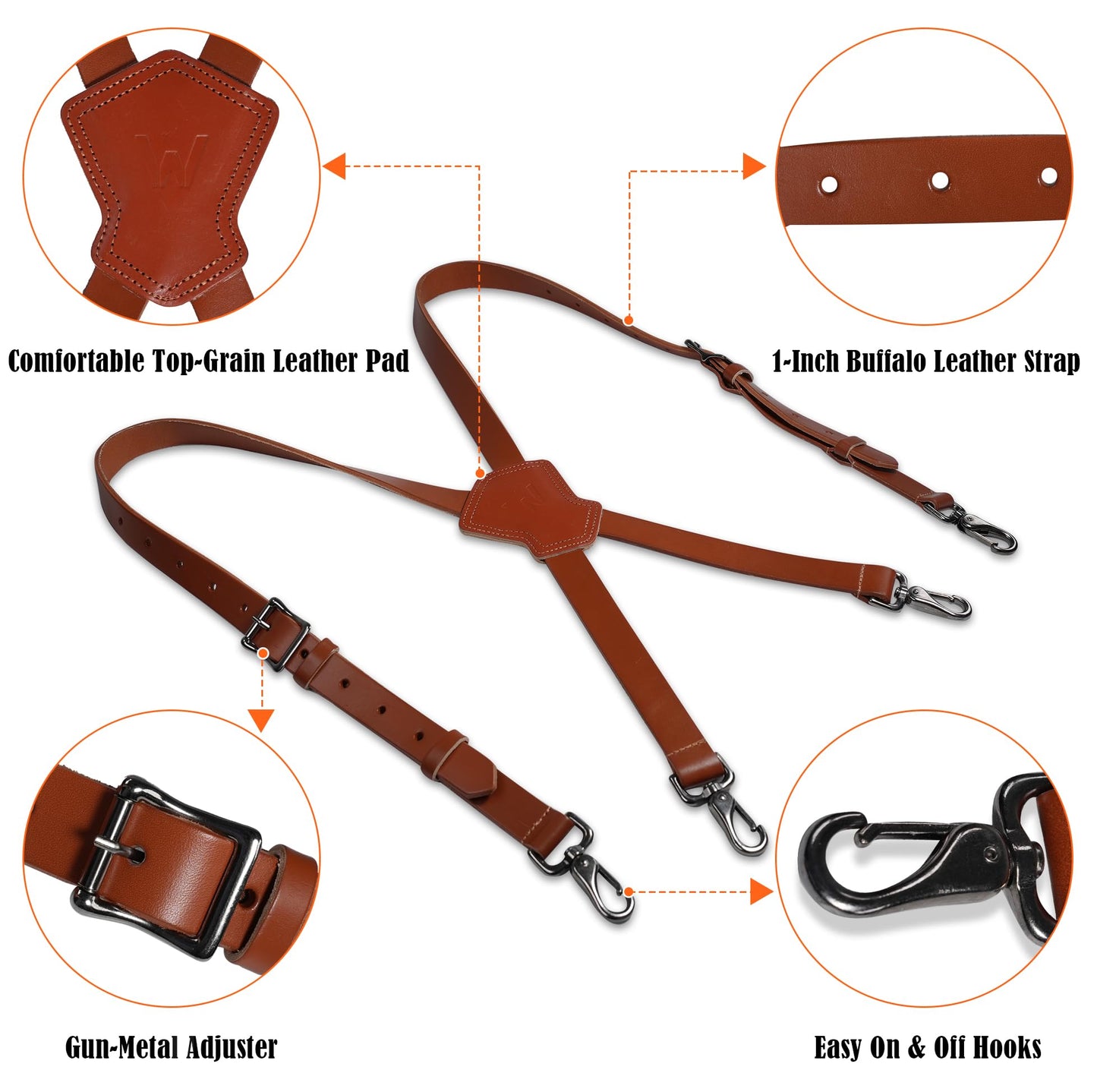 WELKINLAND Top-Grain Buffalo Leather Suspenders, Vintage Suspenders, Brown Leather Suspenders, Heavy Duty, Western Style