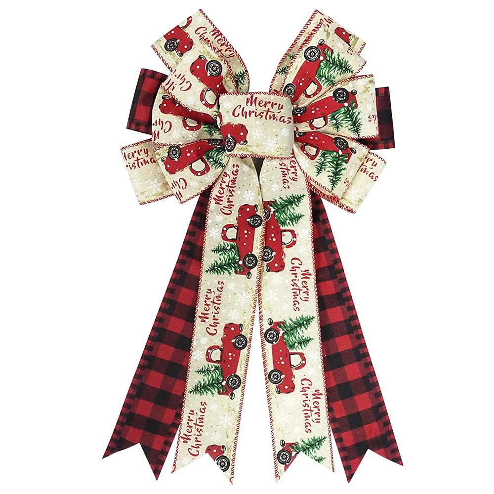 Large Christmas Bow for Wreath, Red Black Buffalo Plaid Bows for Front Door Wall Fence Decor, Tree Truck Snowflake Christmas Wreath Bow Tree Topper Bow for Winter Christmas Party Decoration Supplies