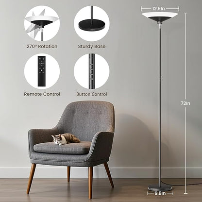RGB Torchiere Floor Lamp - 30W Dimmable LED Standing Lamp with Remote, Multi Color Changing, 72in Tall Corner Light, Bright Standing Pole Light for Office Living Room Bedroom Basement, Black