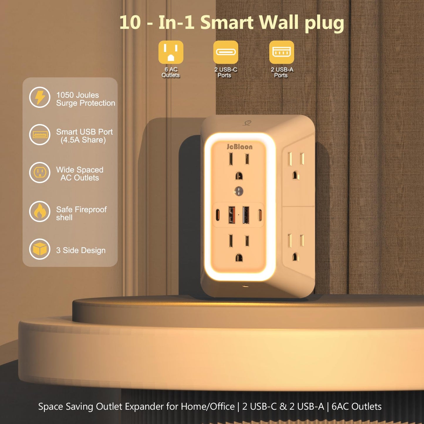 Wall Outlet Extender with Night Light, Power Plug Adapter 6 Outlet Extender with 4 USB Charging Ports 1050J Power Strip Multi Plug Adapter Spaced for Home Travel Office (2U2C)