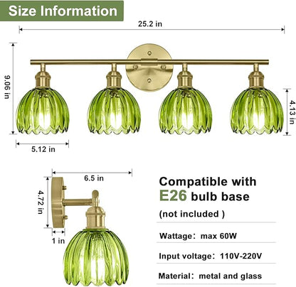 Vintage Bathroom Light Fixtures,4-Light Hardwired Vanity Lights Over Mirror,Gold Wall Sconces with Green Tulip Glass Shade for Bathroom Living Room,E26 Socket(Bulbs Not Included)