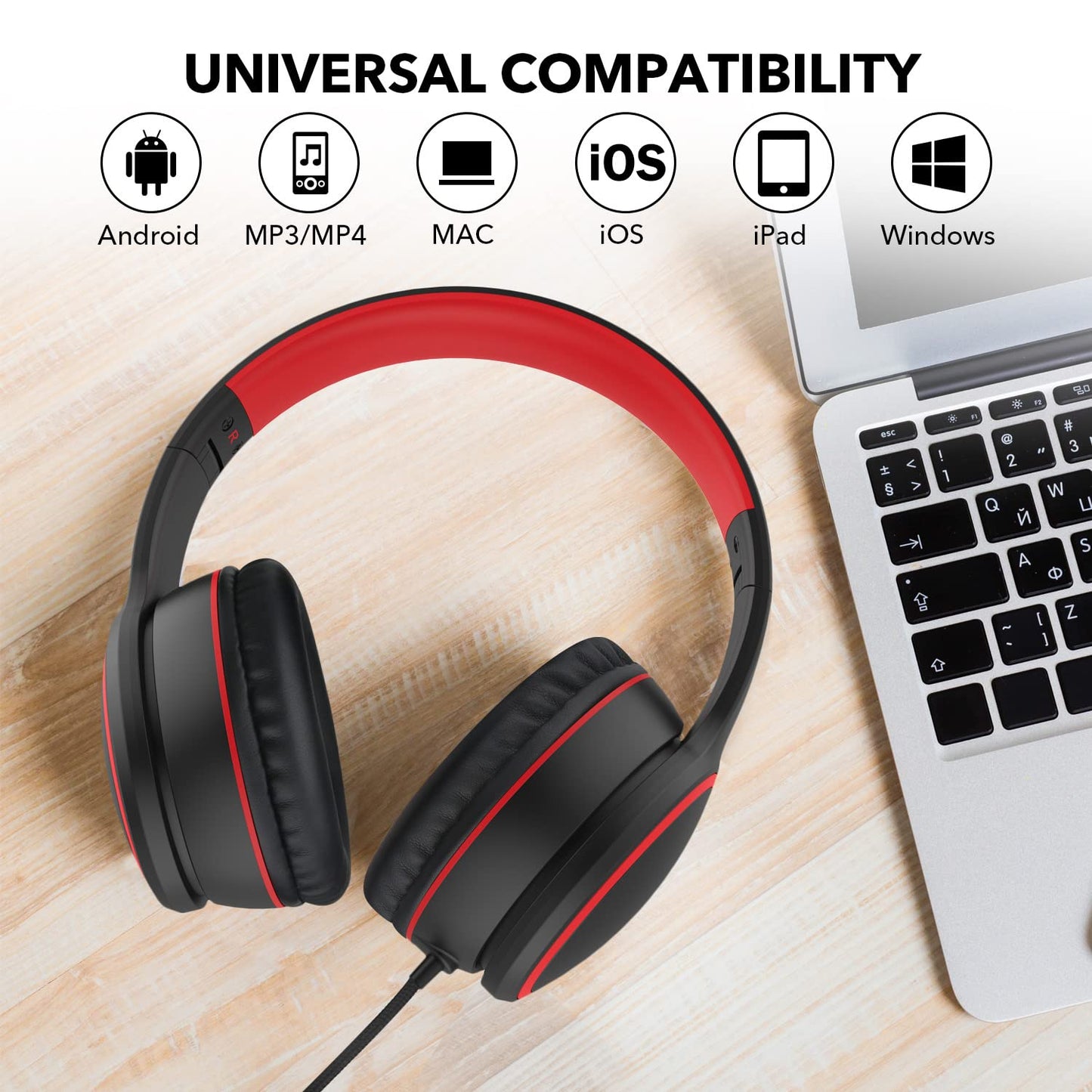 RORSOU R10 Over-Ear Headphones with Microphone, Lightweight Folding Stereo Bass Headset with 1.5M No-Tangle Cord, Portable Wired Headphones for Smartphone Tablet Computer MP3 / 4 (Black)