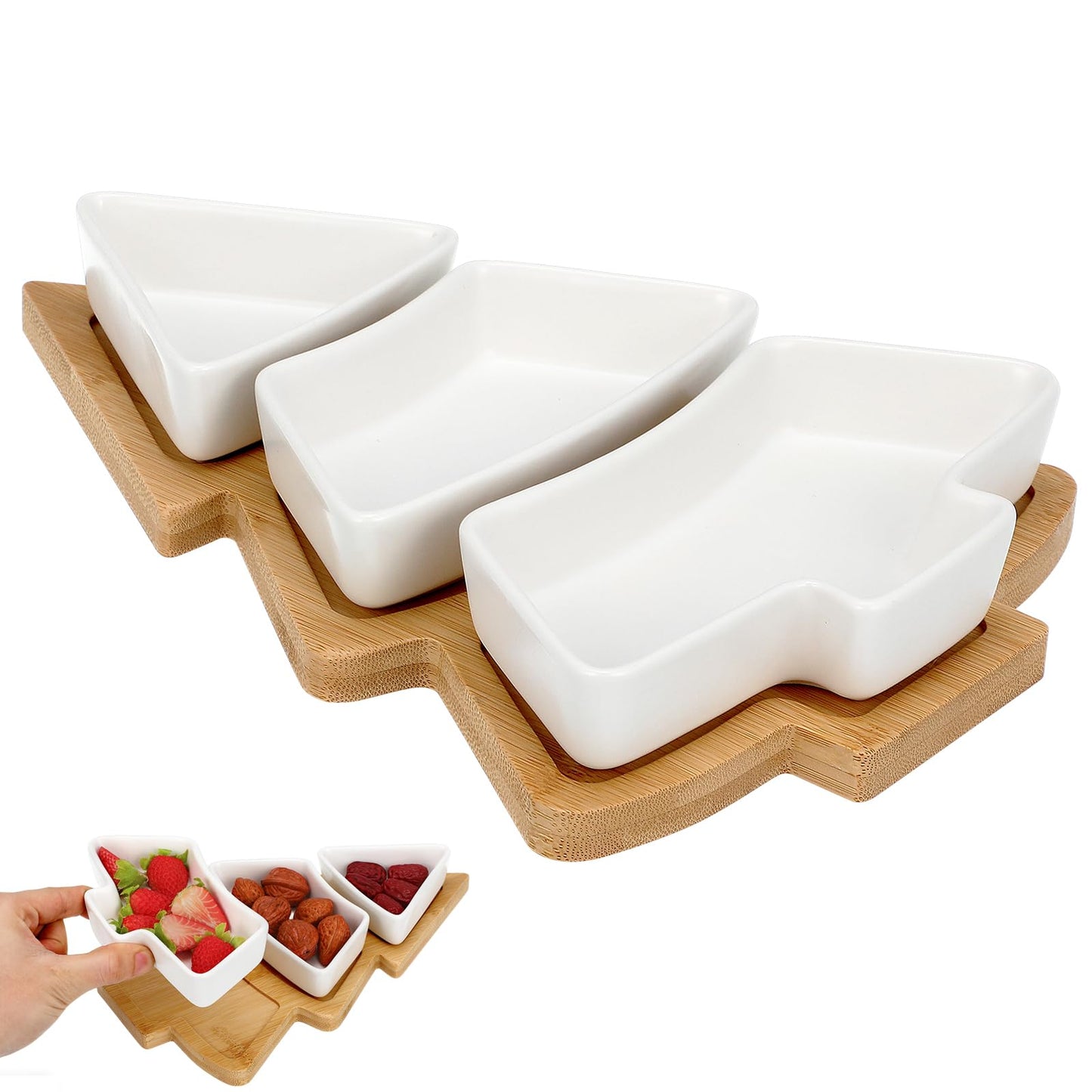 DOITOOL Christmas Serving Dish Ceramic Christmas Tree Platter with Wooden Base Xmas Serving Tray for Appetizer Candy Dessert Nuts Fruit Snack 10.6 x 7.5 Inch