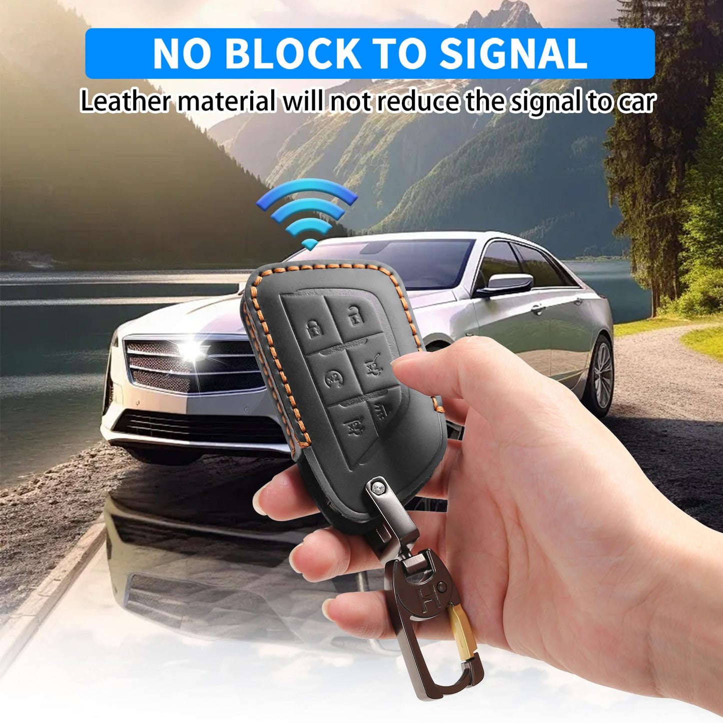 QBUC for Cadillac Premium Leather Key Fob Cover, for Cadillac Escalade CT4 CT5 Lyriq 2021-2025 XT4 XT5 2024 2025 (Black, 6-Button)