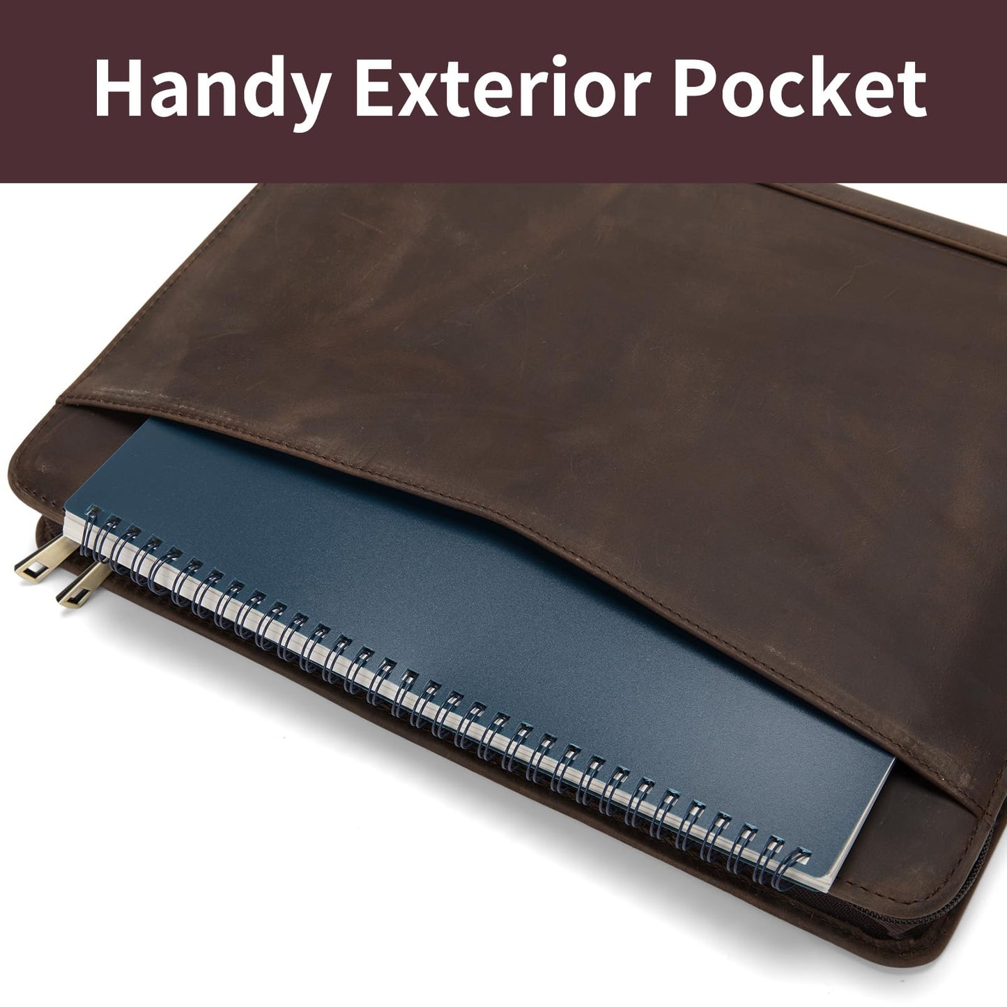 Geslun Genuine Leather Portfolio with Front Pocket for Men and Women, 8.5 x 11 Legal Pad Notepad Holder, Zippered Business Organizer, Professional Executive Letter Notebook Folder for Work, Dark Khaki