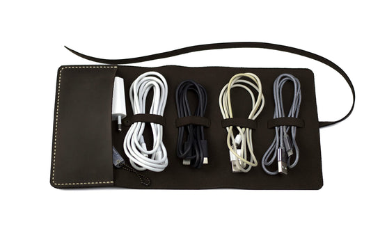 Leather Cord Organizer Wrap for Cables - Brown