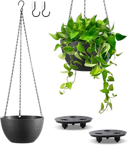 Set of 2 8 Inch Self Watering Hanging Planters for Indoor Outdoor Plants, Light Textured Hanging Baskets Flower Pots with Drainage Hole & Plug and 20" Chain Hanger