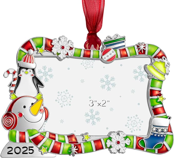 2025 Christmas Tree Ornament Picture Frame Ornament Made of Zinc Alloy Glitter Powder Pendant 3x2 Picture Frame for Pet, Baby Holiday Keepsake Gift (Snowman Snowflake, Silvery)