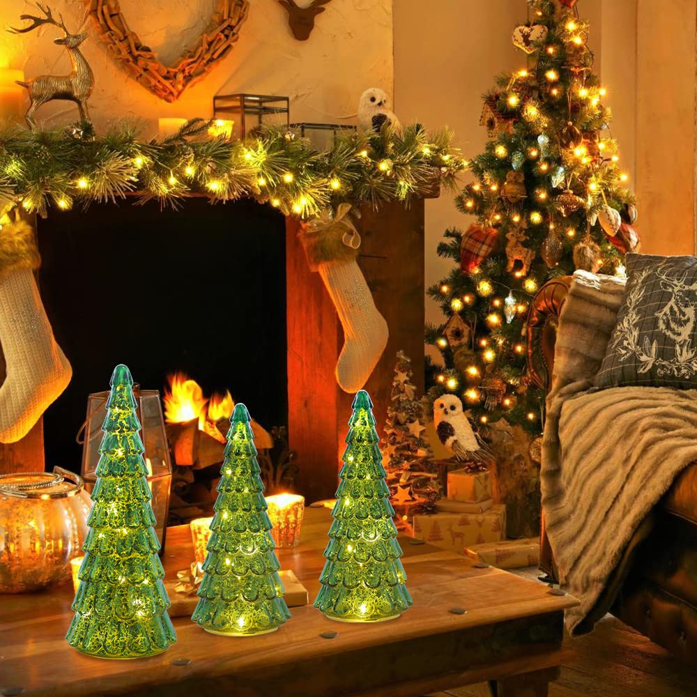 PHITRIC Christmas Decorations Indoor, 3 pcs Sparkling Glass Christmas Tree with LED Lights and Timer, Tabletop Christmas Tree Decor, Xmas Tree Decorations for Living Room, Fireplace, Table, Home