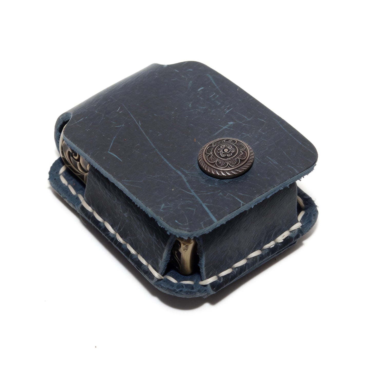 Handmade Leather Lighter Case, Brown, Hand-Stitched with Snap Closure, Vintage Style Protective Holder (Dark Blue)