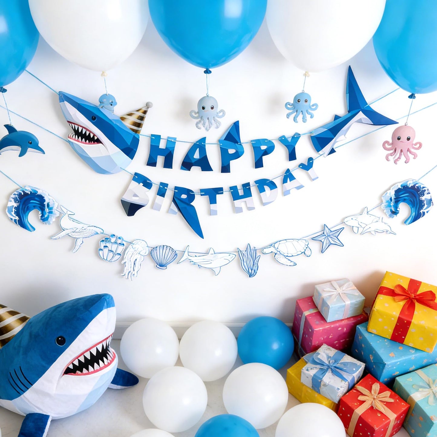 Paper Jazz Ocean Shark Decor Whale Shark Party Decoration for Wall,Under The Sea Birthday Banner Hanging Fish for Room Classroom Baby Shower Themed Party （Blue）