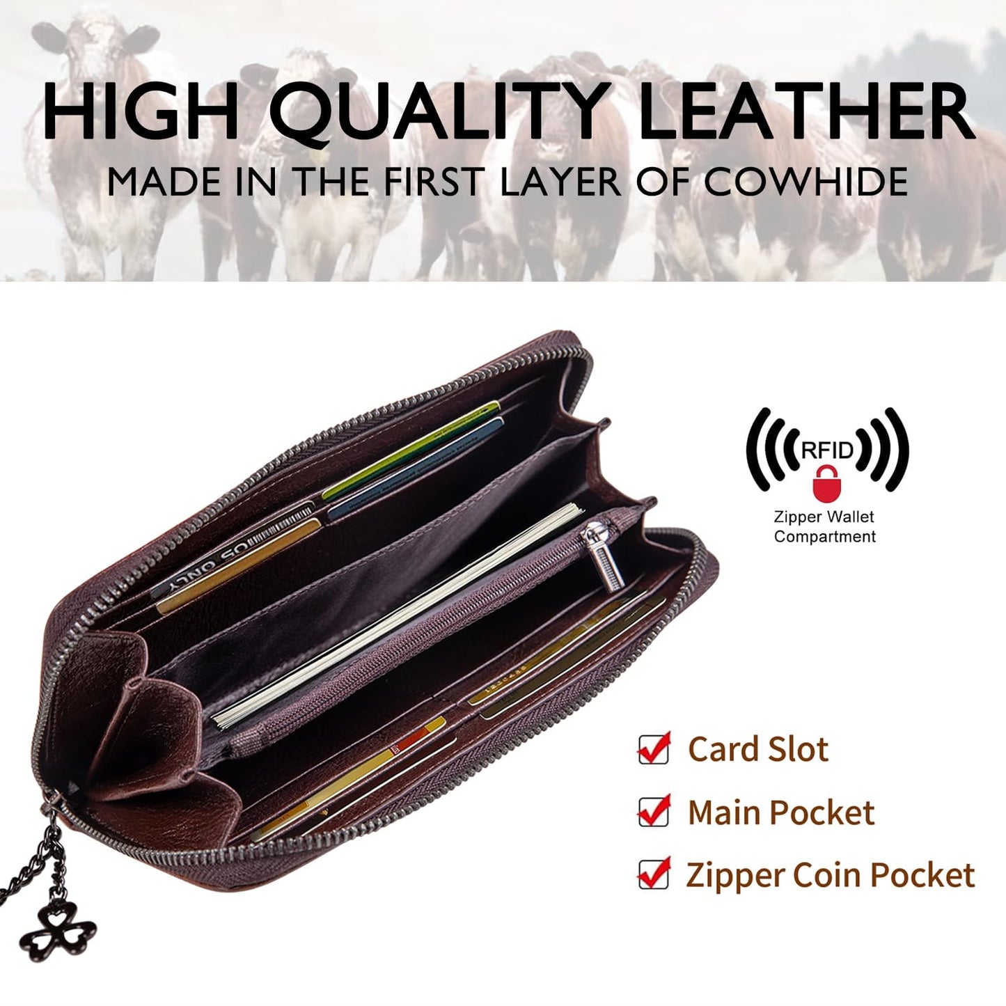 SHARPAD Wallet Genuine Leather for Women - with RFID Blocking Card checkbook ID Slot Large Capacity Vintage style (gardenia coffee)