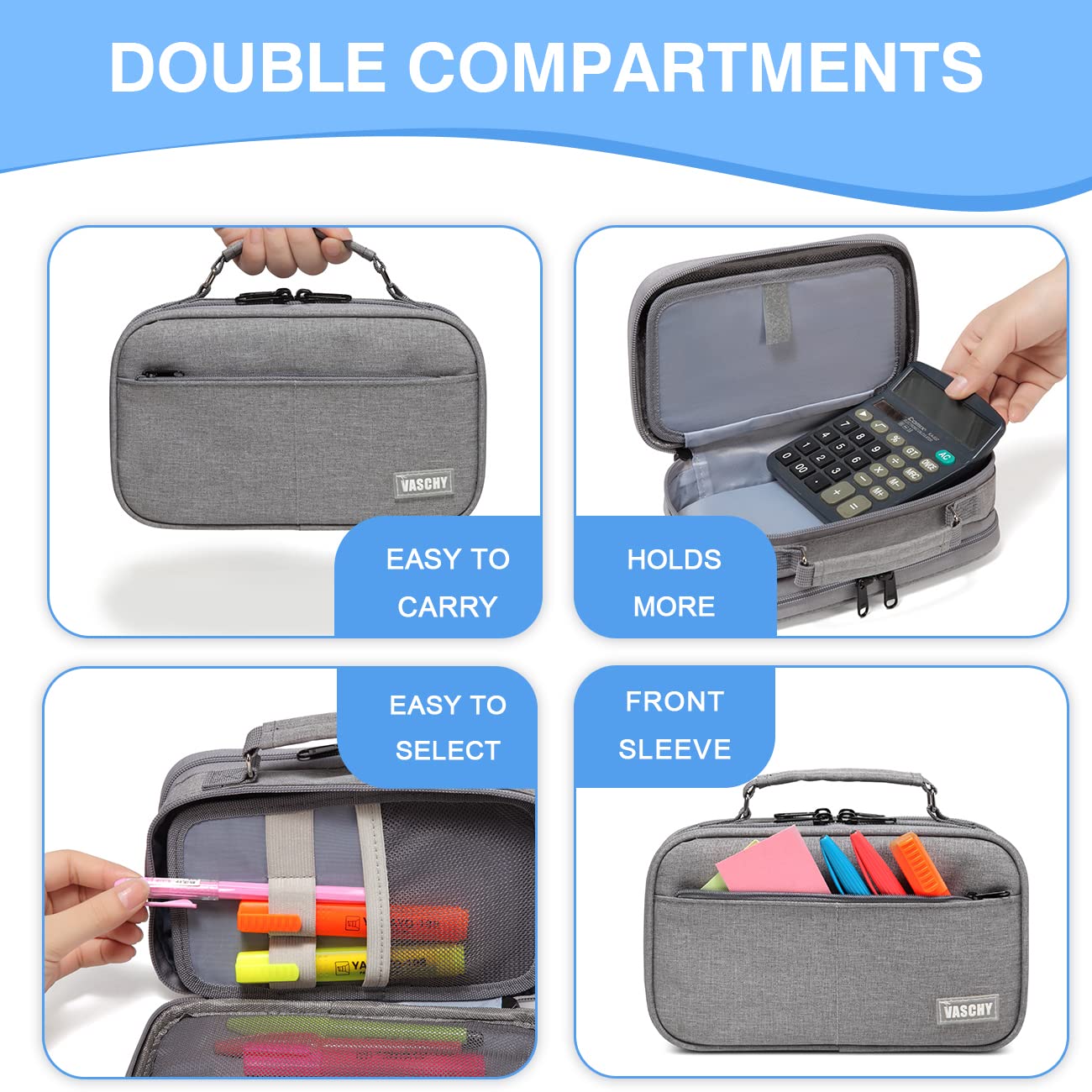 VASCHY Pencil Case, Large Pencil Pouch with Compartments for Middle School,Work,Office Pen Organizer Holder School Supply Gray