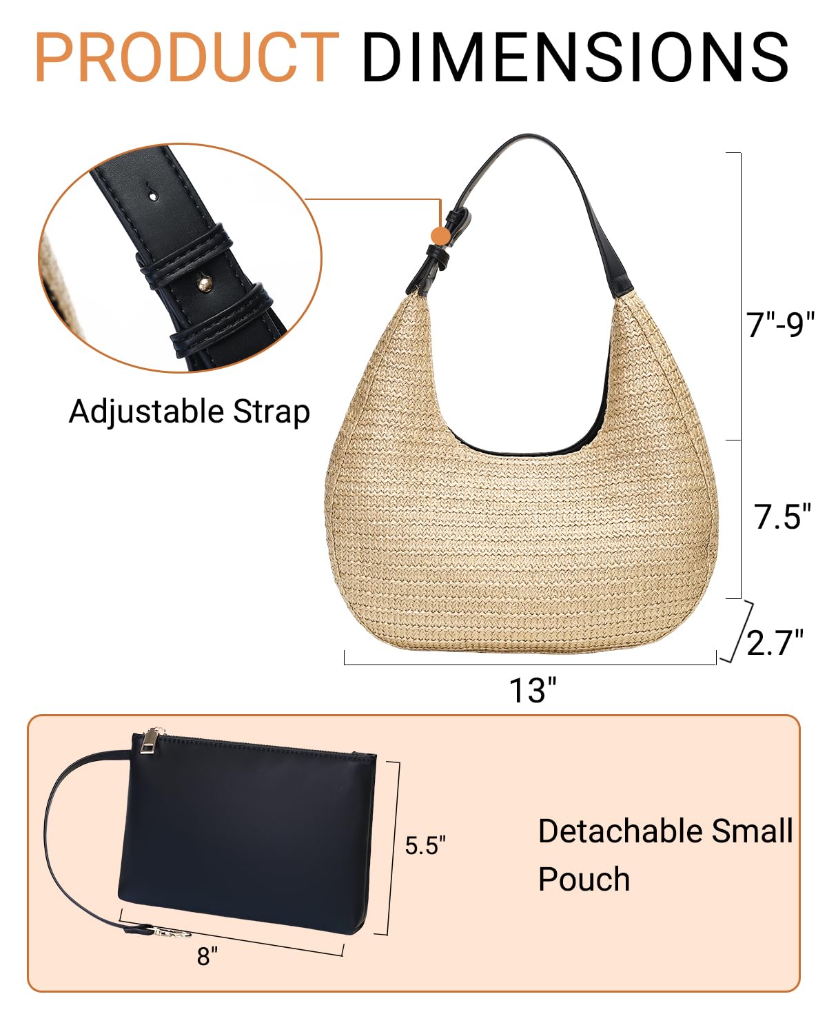 Herald Hobo Crescent Straw Handbag for Women, Summer Beach Tote Bag Purse Top Handle Satchel with Adjustable Strap (Brown)
