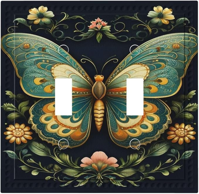 Butterfly Ornate with Flower Light Switch Covers Double Toggle 2 Gang Wall Plate Dual Decorative Switchplate Electrical Faceplate for Farmhouse Decor