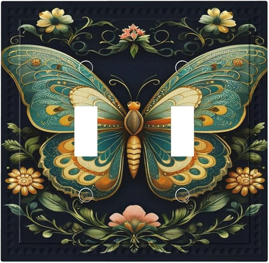 Butterfly Ornate with Flower Light Switch Covers Double Toggle 2 Gang Wall Plate Dual Decorative Switchplate Electrical Faceplate for Farmhouse Decor