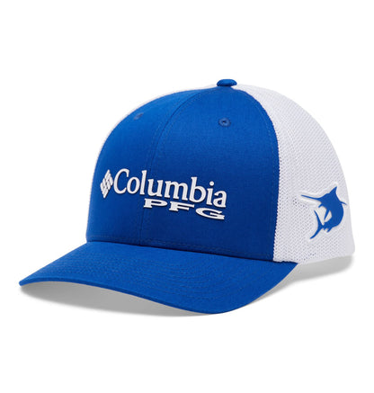 Columbia Unisex PFG Logo Mesh Snap Back - Mid, Blue Macaw/White/Marlin, One Size