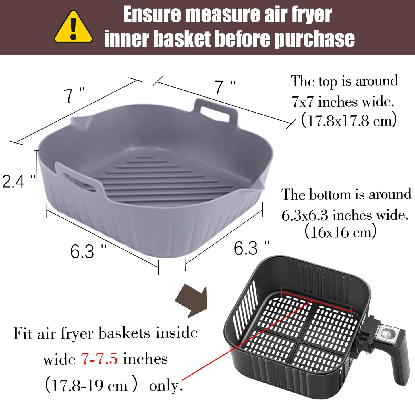 Silicone Liners Square for Air Fryer, 2 Pcs Non-stick Food-grade Reusable Basket Silicone Pot Baking Tray Airfryer Accessories, Top Size 8 inches, Bottom Size 7 inches