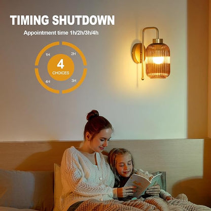 Vintage Gold Wireless Wall Sconces Battery Operated, Rechargeable Wall Lights Set of 2 with Amber Stripe Glass Shade, Remote and Bulb, Cordless Sconces Wall Decor for Bedroom Living Room