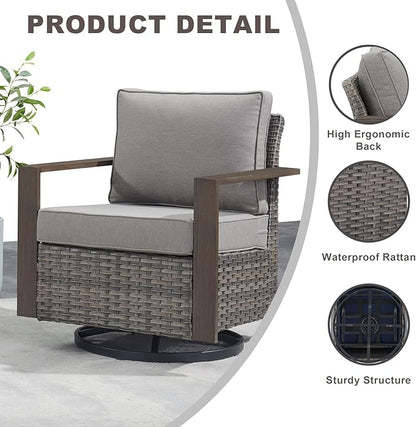 Rilyson Outdoor Wicker Patio Furniture Set - 6 Pieces Patio Conversation Set with 2 Wicker Swivel Rocker Chairs,2 Rattan Ottoman,1 Side Table and 1 Couch,Thick Cushions,Deep Seating(Mixed Grey/Grey)