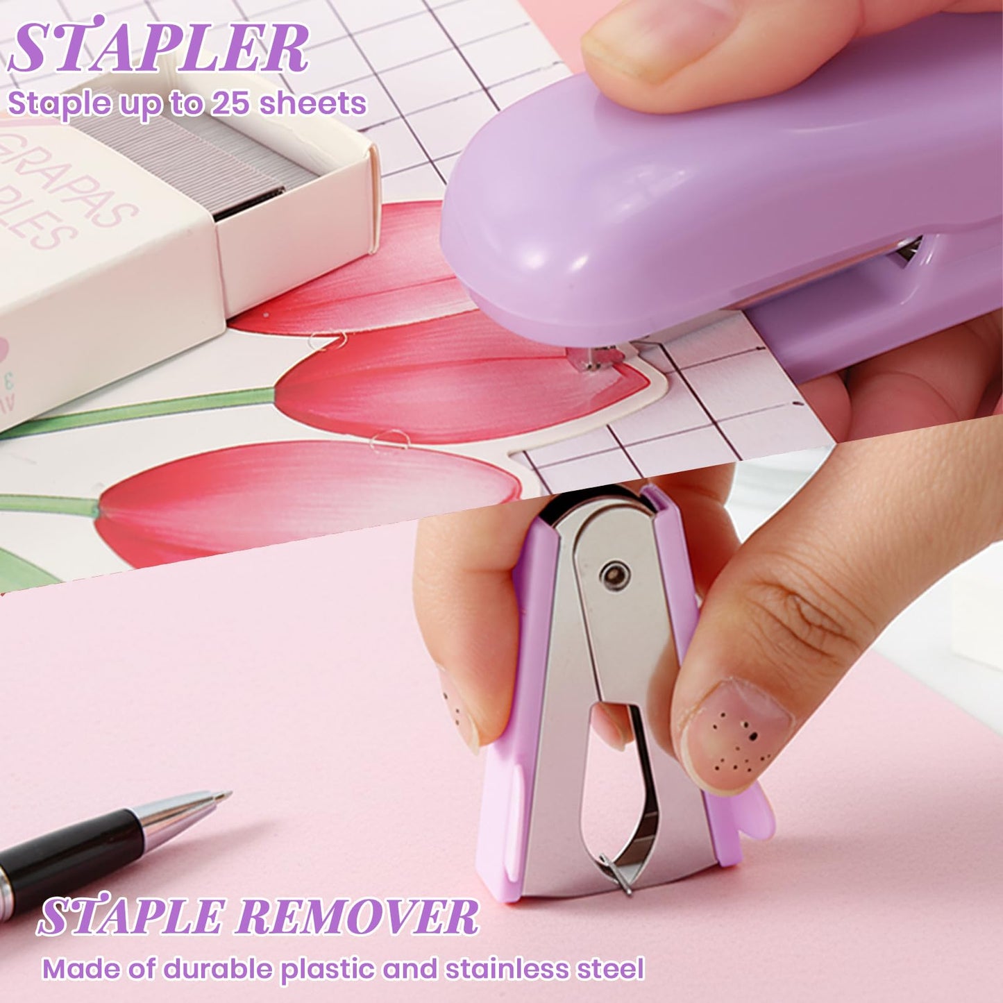 Smloplom Purple Desk Accessories, 11Pcs Desk Organizer with 360°Rotating Pen Holder, Stapler, Staples, Staple Remover, Pen, Ruler, Tape Dispenser, Tape, Clips, Scissor, Notes, Office Supplies