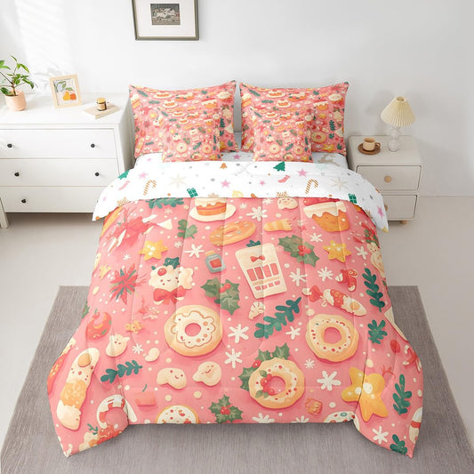 Manfei Xmas Donut 7 Pieces Comforter Set Full,Cute Cookies Desert Theme Bedding Set for Bedroom Decor,Merry Christmas（Comforter+Fitted+Flat Sheet+2 Pillowcases+2 Throw Pillow Covers）