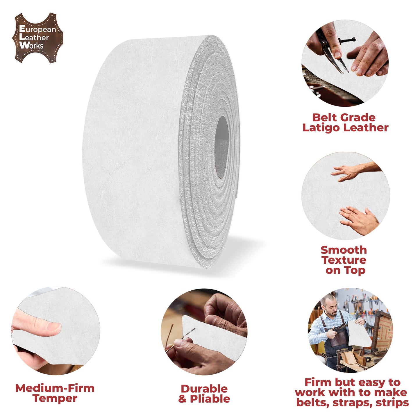 ELW 5-6 oz (2-2.4mm) Latigo Leather Belt Grade Straps | Size: 0.5"x50" (1.3x127cm) | White | Full Grain Cowhide, Heavy Duty Holsters, Sheathes, Harness, Saddle, Guitar Straps, Crafts