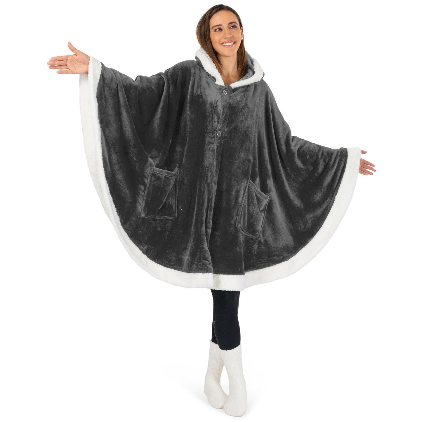 PAVILIA Hooded Blanket Poncho, Women Fleece Shawl Wrap with Hood, Wearable Blanket Cozy Warm Poncho Cape Throw with Pockets, Gift for Elderly Mom, Dark Gray