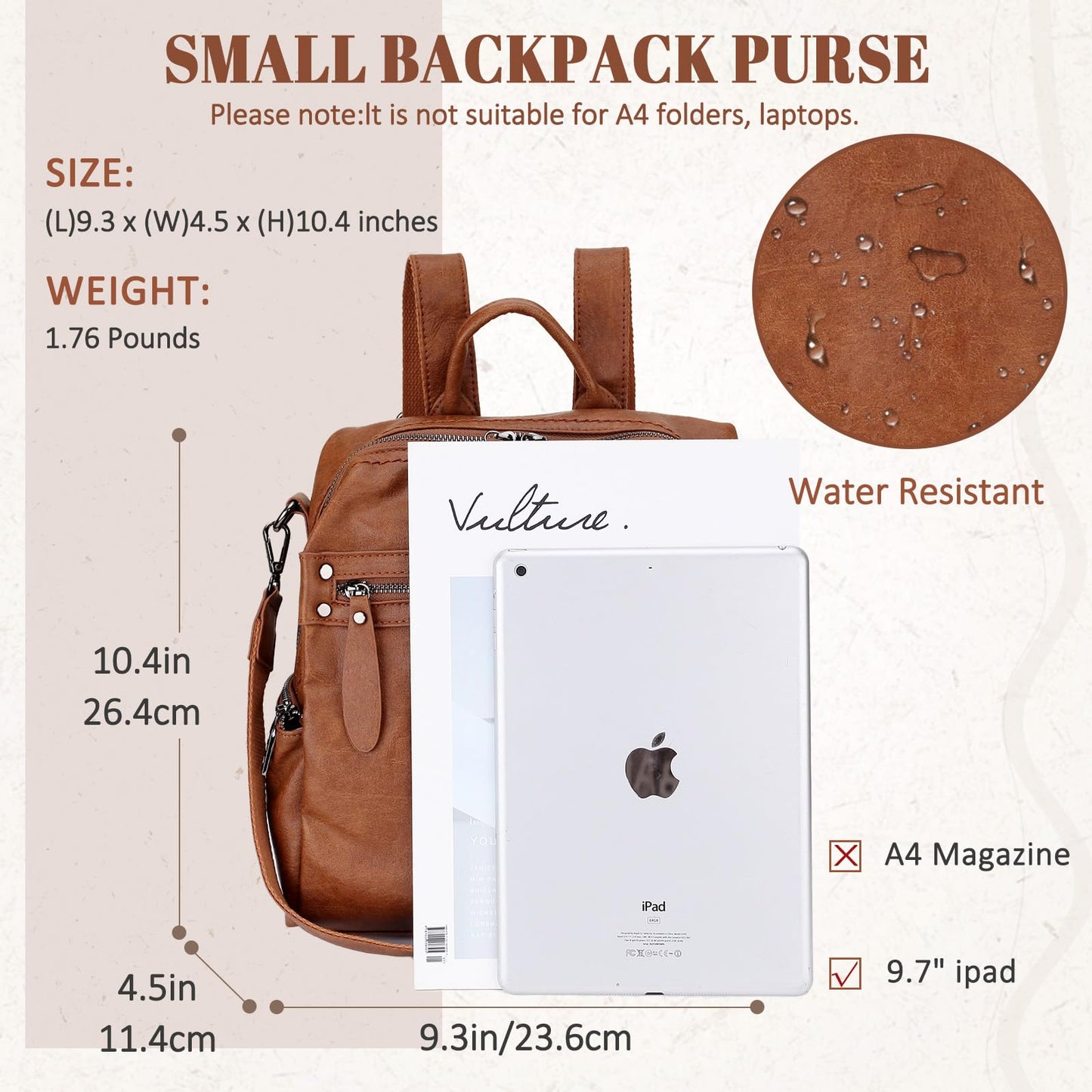 VX VONXURY Backpack Purse for Women, PU Leather Fashion Convertible Backpack Shoulder Bag Ladies Rucksack In 2 Ways To Carry Brown