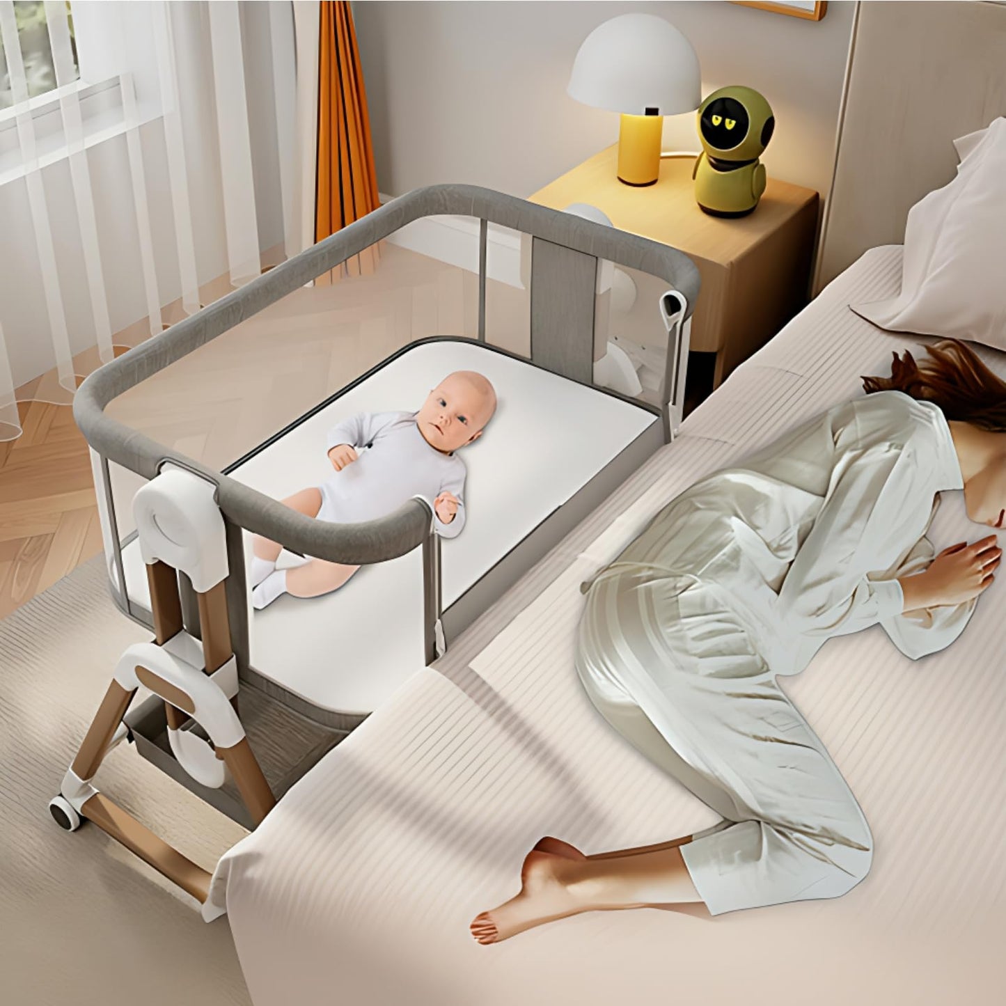 WinkleStar Baby Bassinet Bedside Sleeper with Mattress, 6-Level Height Adjustable Co Sleeper Bassinet, Rocking Baby Crib with Mosquito Net, 360° Wheels & Storage Basket – Premium Linen & Metal Frame