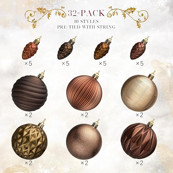 JORNOY Brown Christmas Tree Ornaments - 3.12inch/80mm Shatterproof Ornaments for Christmas Tree Set Plastic Decorative Hanging Balls Ornaments for Xmas Tree Decorations, 32ct (Brown)