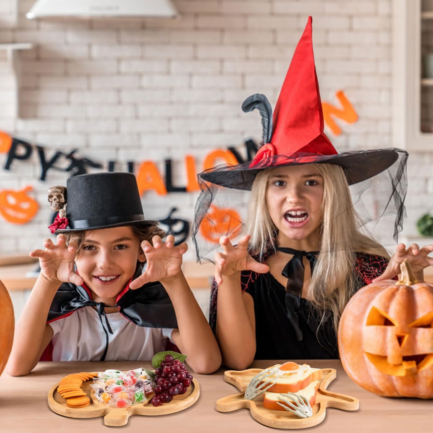 AWIZOM 2 Pcs Halloween Wood Serving Platters Ghost and Sectional Pumpkin Shaped Halloween Wooden Charcuterie Boards Bamboo Serving Trays Wood Snack Dish Plates for Fall Holiday Housewarming Presents